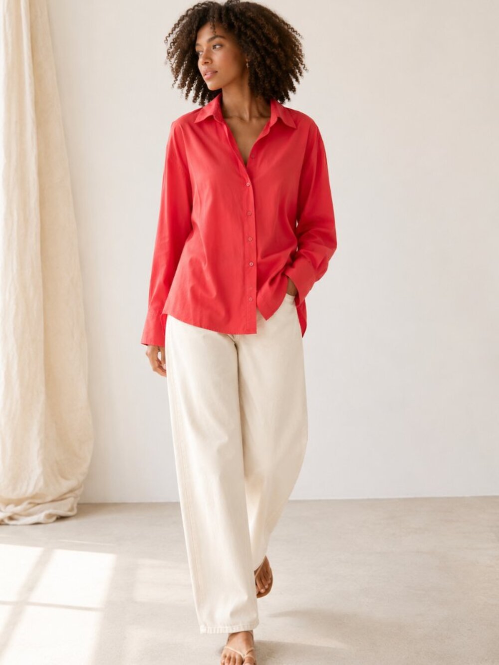 MONROW Fire Coral Oversized Poplin Button Down Shirt NWT Relaxed Coastal Top